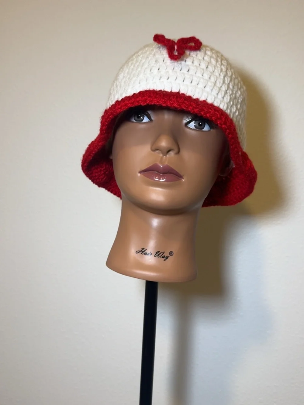Kids Crochet White and Red Bucket Hat with Bow